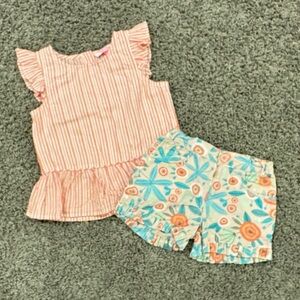 Girls Peach Stripe Ruffle Top & Floral Shorts Matching Set